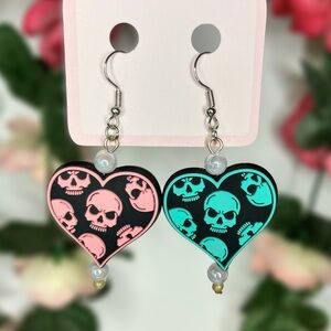 Heart Skull Handmade Earrings in Pink and Teal Mismatch Style | Emo Aesthetic